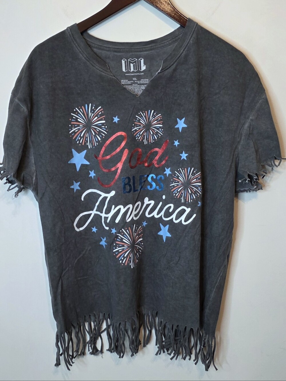 Isaac Morris Distressed Upcycled God Bless America Fringe Tee Gray Size XXL